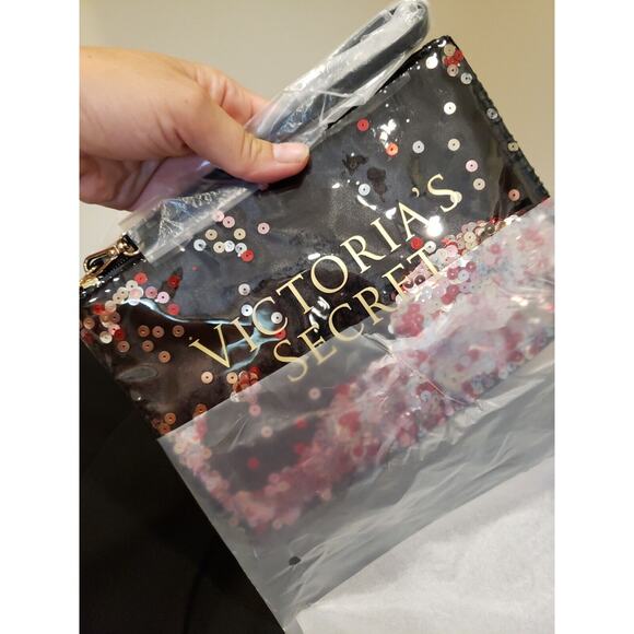 VICTORIA'S SECRET BLACK SEQUIN STRIPE WEEKENDER BAG GETAWAY CARRY ON LARGE TOTE - Picture 5 of 8